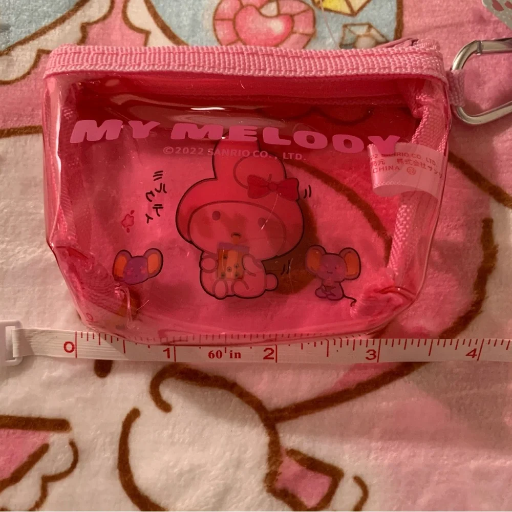 My Melody Drinking Boba Pink Clear Plastic Small Zip Coin Pouch NWT